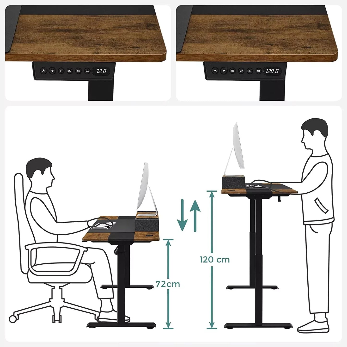In And OutdoorMatch In Hoogte Verstelbaar Bureau Hailey - Elektrisch - Traploos Verstelbaar - Deelbaar Werkblad - 4 Opberghoogtes - Stoffen Tas - 120x60x(72-120)cm - Gemaakt van Staal - Vintage Bruin/Zwart Desk