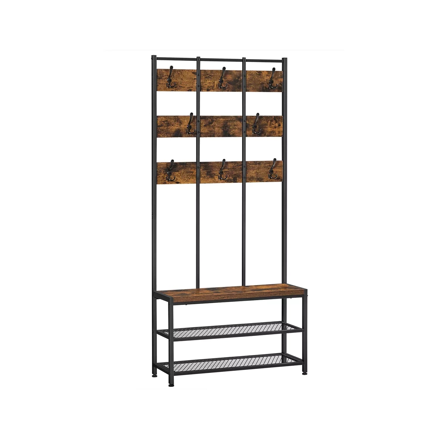 In And OutdoorMatch Kapstok Everett - Kledingrek - Met 8 Haken en Zitting - 2 Gaasplanken - Metalen Frame - Industriële Stijl - Vintage Bruin/Zwart Kapstok