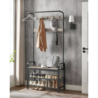 In And OutdoorMatch Kapstok Hillary - Kledingkast - Schoenenrek met Zitting - Kledingrek met 9 afneembare haken - Bank - 2 draadplanken - 183 cm hoog - Industrieel Design - Vintage Bruin/Zwart Kapstok