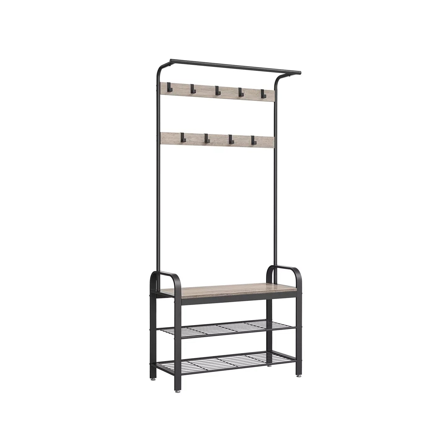 In And OutdoorMatch Kapstok Hillary - Kledingkast - Schoenenrek met Zitting - Kledingrek met 9 afneembare haken - Bank - 2 draadplanken - 183 cm hoog - Industrieel Design - Vintage Bruin/Zwart Kapstok