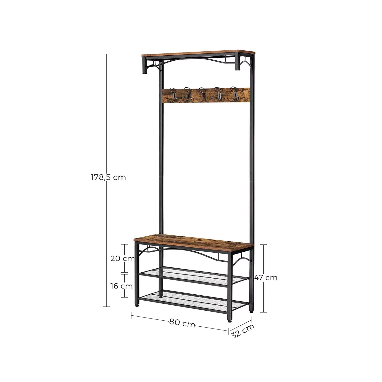 In And OutdoorMatch Kapstok Lulu - Met schoenenrek opbergruimte - Grijs - 5 haken - Wandkapstok - Industrieel - 180cm Kapstok