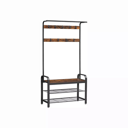 In And OutdoorMatch Kapstok Newell - Kledingkast - Schoenenrek met Zitje - Kledingrek met 9 afneembare haken - Bank - 2 draadplanken - 183 cm hoog - Industrieel Design - Vintage Bruin/Zwart Kapstok