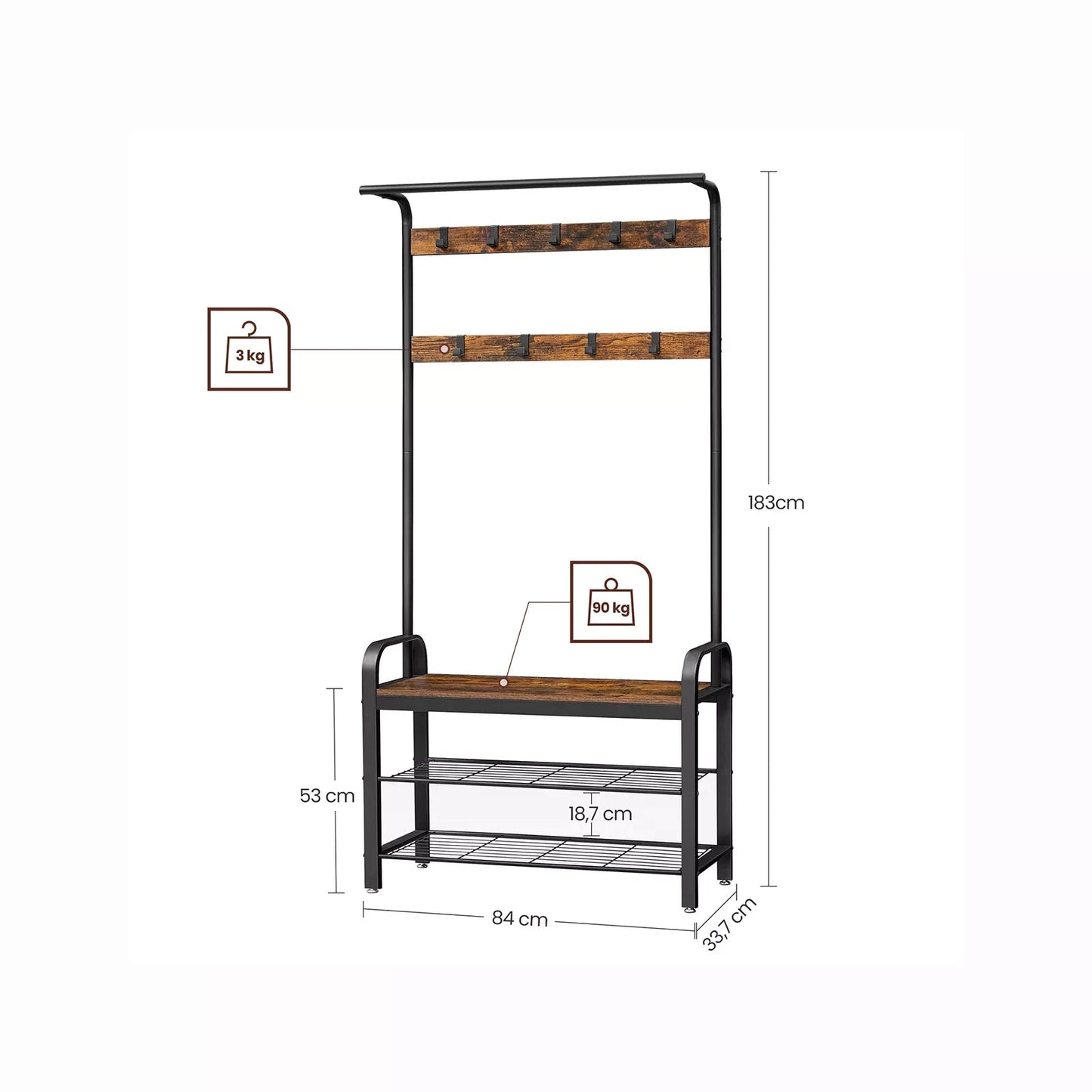 In And OutdoorMatch Kapstok Newell - Kledingkast - Schoenenrek met Zitje - Kledingrek met 9 afneembare haken - Bank - 2 draadplanken - 183 cm hoog - Industrieel Design - Vintage Bruin/Zwart Kapstok