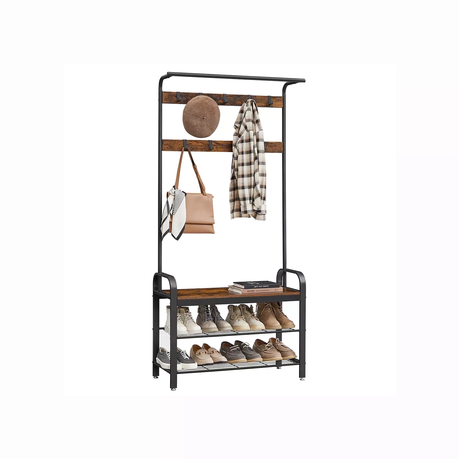 In And OutdoorMatch Kapstok Newell - Kledingkast - Schoenenrek met Zitje - Kledingrek met 9 afneembare haken - Bank - 2 draadplanken - 183 cm hoog - Industrieel Design - Vintage Bruin/Zwart Kapstok