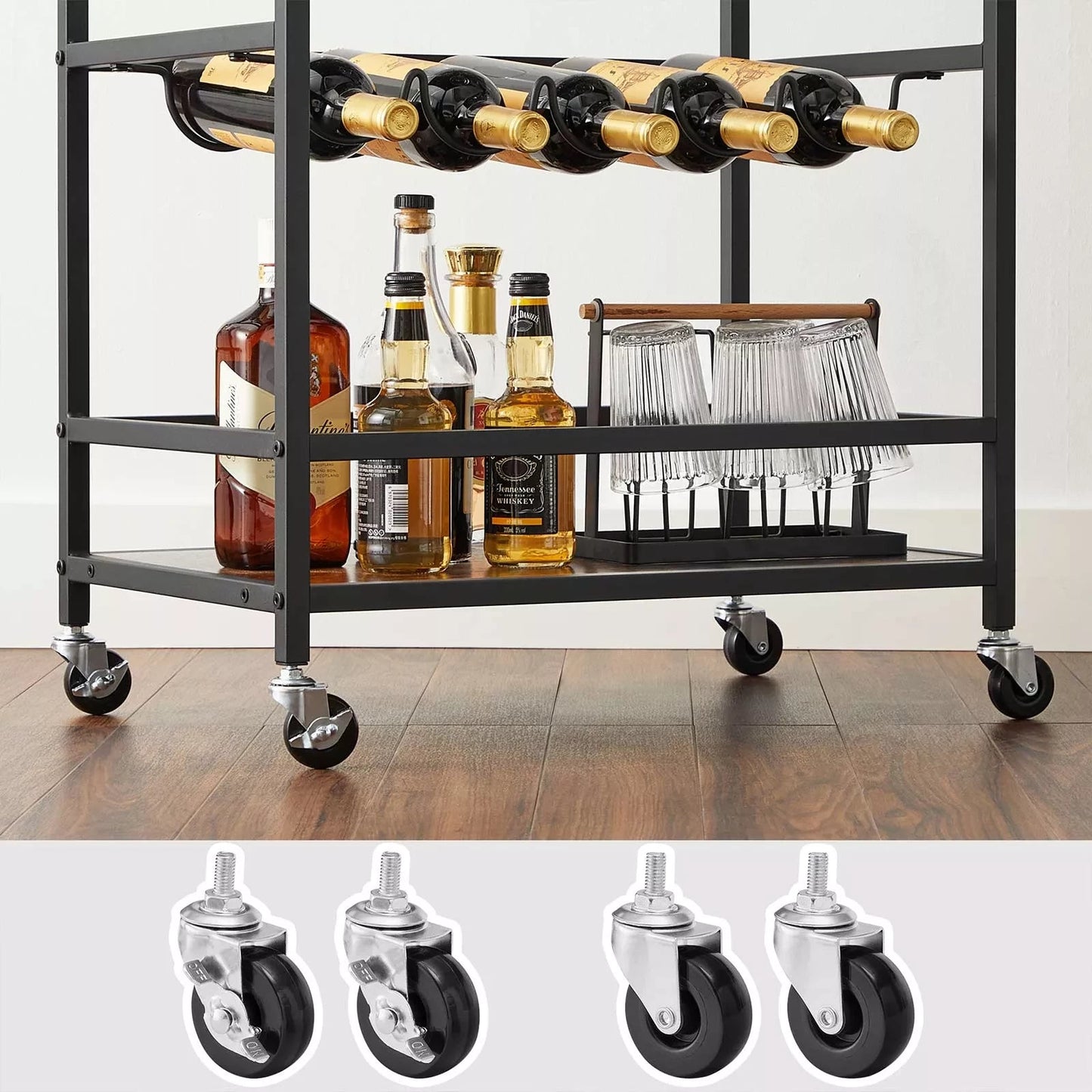 In And OutdoorMatch Serveerwagen Vanessa - Keukentrolley - Op Wielen - Met Planken - Glas- en Flessenhouders - 60x40x75cm - Industrieel Design - Vintage Bruin/Zwart Keuken Trolley