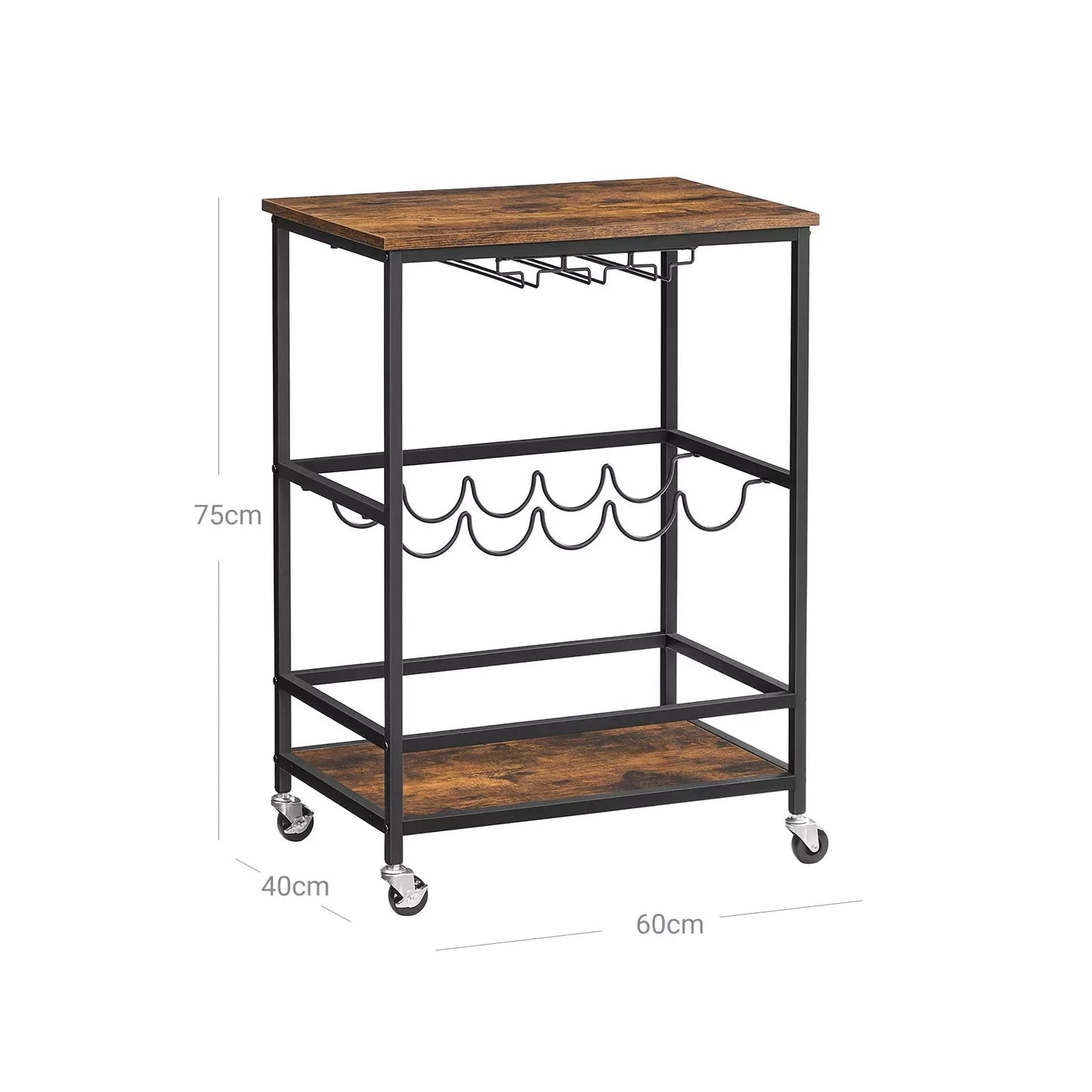 In And OutdoorMatch Serveerwagen Vanessa - Keukentrolley - Op Wielen - Met Planken - Glas- en Flessenhouders - 60x40x75cm - Industrieel Design - Vintage Bruin/Zwart Keuken Trolley