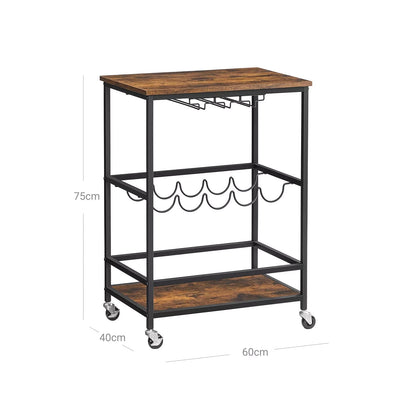 In And OutdoorMatch Serveerwagen Vanessa - Keukentrolley - Op Wielen - Met Planken - Glas- en Flessenhouders - 60x40x75cm - Industrieel Design - Vintage Bruin/Zwart Keuken Trolley