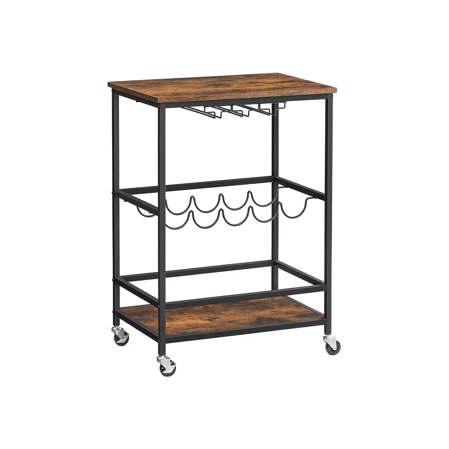 In And OutdoorMatch Serveerwagen Vanessa - Keukentrolley - Op Wielen - Met Planken - Glas- en Flessenhouders - 60x40x75cm - Industrieel Design - Vintage Bruin/Zwart Keuken Trolley