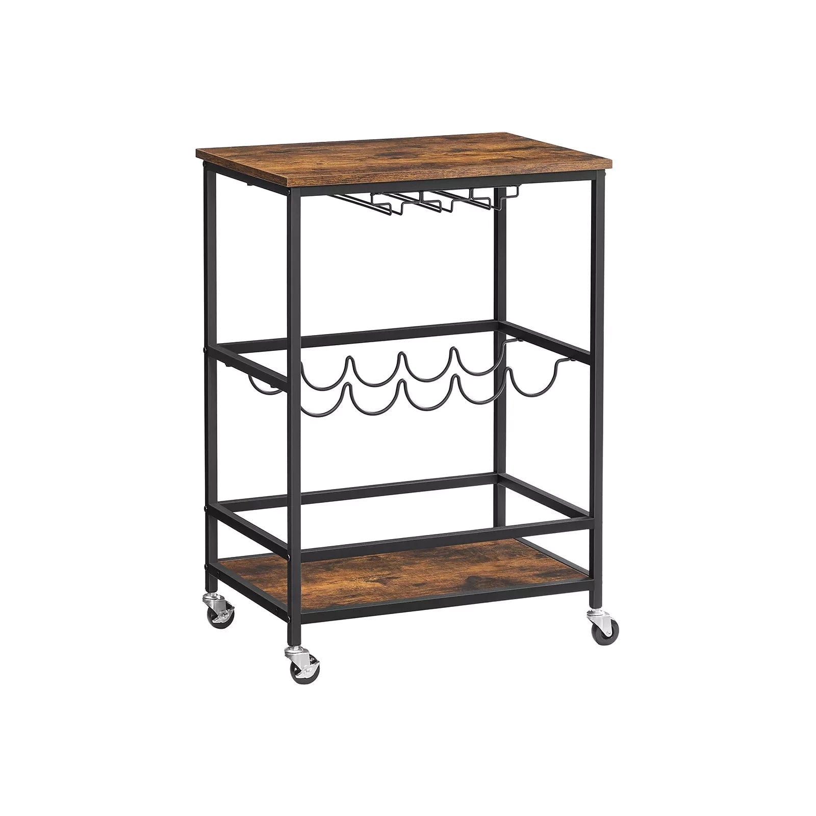 In And OutdoorMatch Serveerwagen Vanessa - Keukentrolley - Op Wielen - Met Planken - Glas- en Flessenhouders - 60x40x75cm - Industrieel Design - Vintage Bruin/Zwart Keuken Trolley
