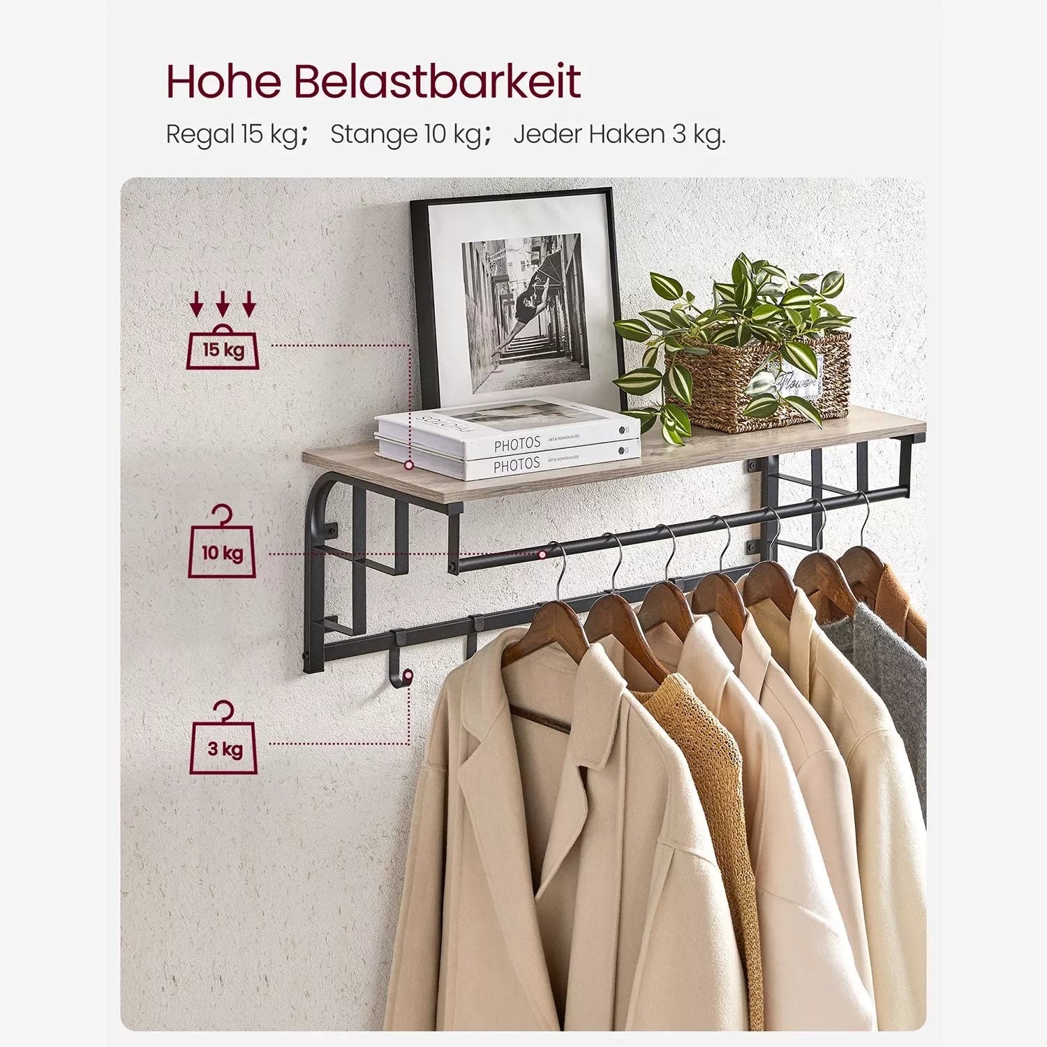 In And OutdoorMatch Wandkapstok Prince - met Plank - Wandplank - met 5 Verwijderbare Haken - Hangplank - Wandmontage - Kledingstang - voor Hal - Slaapkamer - Badkamer - Vintage Bruin/Zwart Kapstok