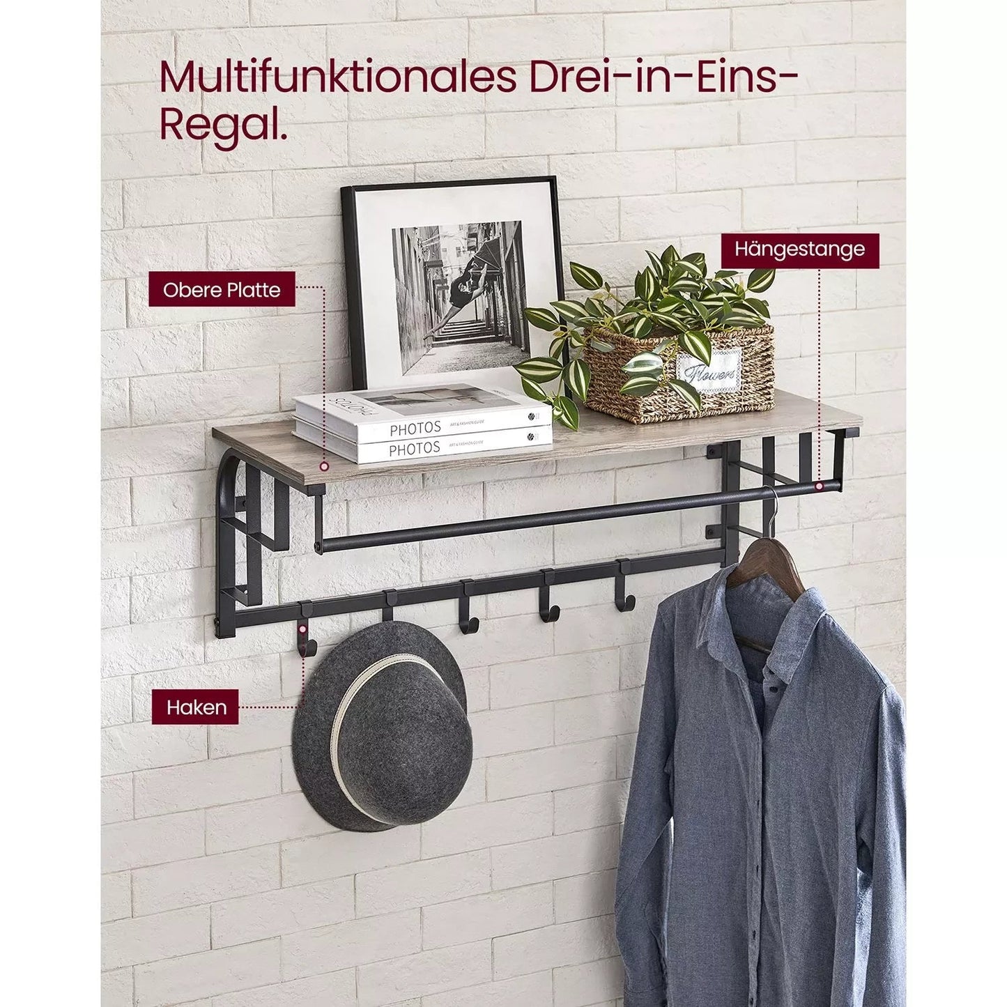 In And OutdoorMatch Wandkapstok Prince - met Plank - Wandplank - met 5 Verwijderbare Haken - Hangplank - Wandmontage - Kledingstang - voor Hal - Slaapkamer - Badkamer - Vintage Bruin/Zwart Kapstok