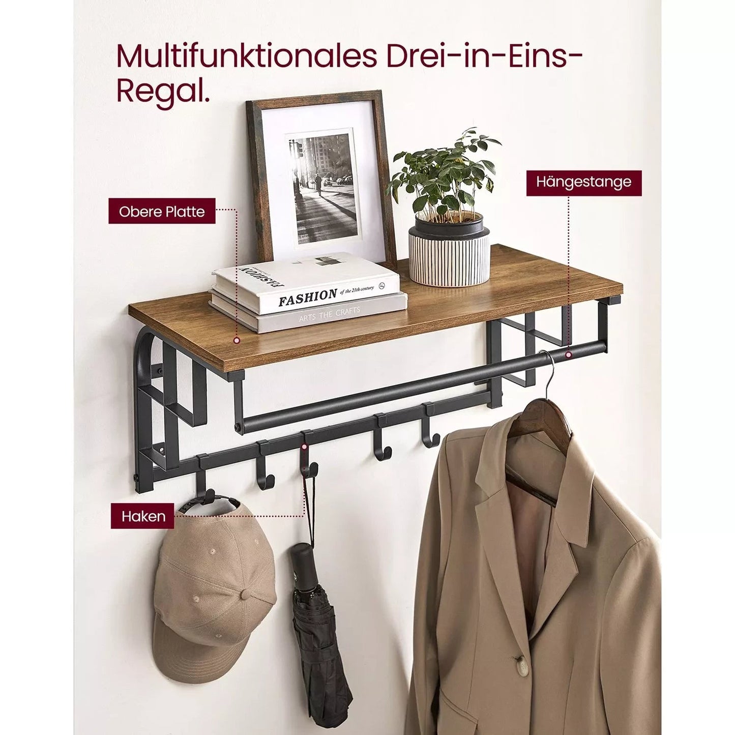 In And OutdoorMatch Wandkapstok Sammy - met Plank - Wandplank - met 10 Verwijderbare Haken - Hangplank - Wandmontage - 2 Kapstokken - Kledingstang - voor Hal - Slaapkamer - Badkamer - Vintage Bruin/Zwart Kapstok