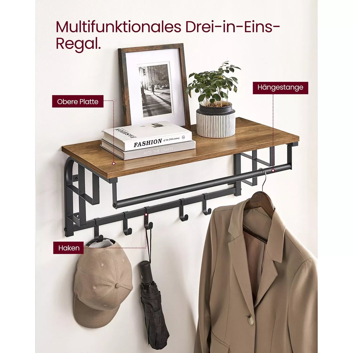 In And OutdoorMatch Wandkapstok Sammy - met Plank - Wandplank - met 10 Verwijderbare Haken - Hangplank - Wandmontage - 2 Kapstokken - Kledingstang - voor Hal - Slaapkamer - Badkamer - Vintage Bruin/Zwart Kapstok