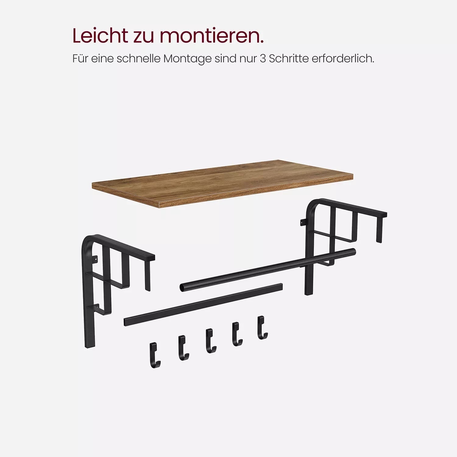 In And OutdoorMatch Wandkapstok Sammy - met Plank - Wandplank - met 10 Verwijderbare Haken - Hangplank - Wandmontage - 2 Kapstokken - Kledingstang - voor Hal - Slaapkamer - Badkamer - Vintage Bruin/Zwart Kapstok