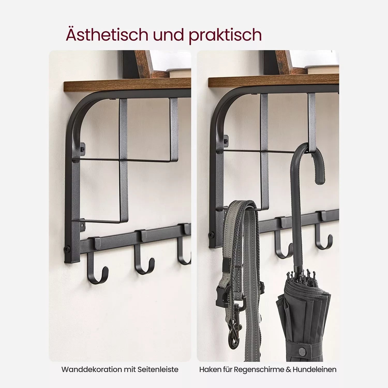 In And OutdoorMatch Wandkapstok Sammy - met Plank - Wandplank - met 10 Verwijderbare Haken - Hangplank - Wandmontage - 2 Kapstokken - Kledingstang - voor Hal - Slaapkamer - Badkamer - Vintage Bruin/Zwart Kapstok