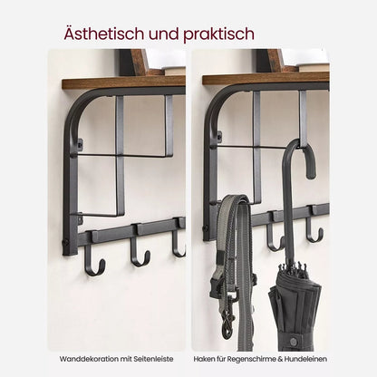 In And OutdoorMatch Wandkapstok Sammy - met Plank - Wandplank - met 10 Verwijderbare Haken - Hangplank - Wandmontage - 2 Kapstokken - Kledingstang - voor Hal - Slaapkamer - Badkamer - Vintage Bruin/Zwart Kapstok