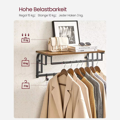 In And OutdoorMatch Wandkapstok Sammy - met Plank - Wandplank - met 10 Verwijderbare Haken - Hangplank - Wandmontage - 2 Kapstokken - Kledingstang - voor Hal - Slaapkamer - Badkamer - Vintage Bruin/Zwart Kapstok