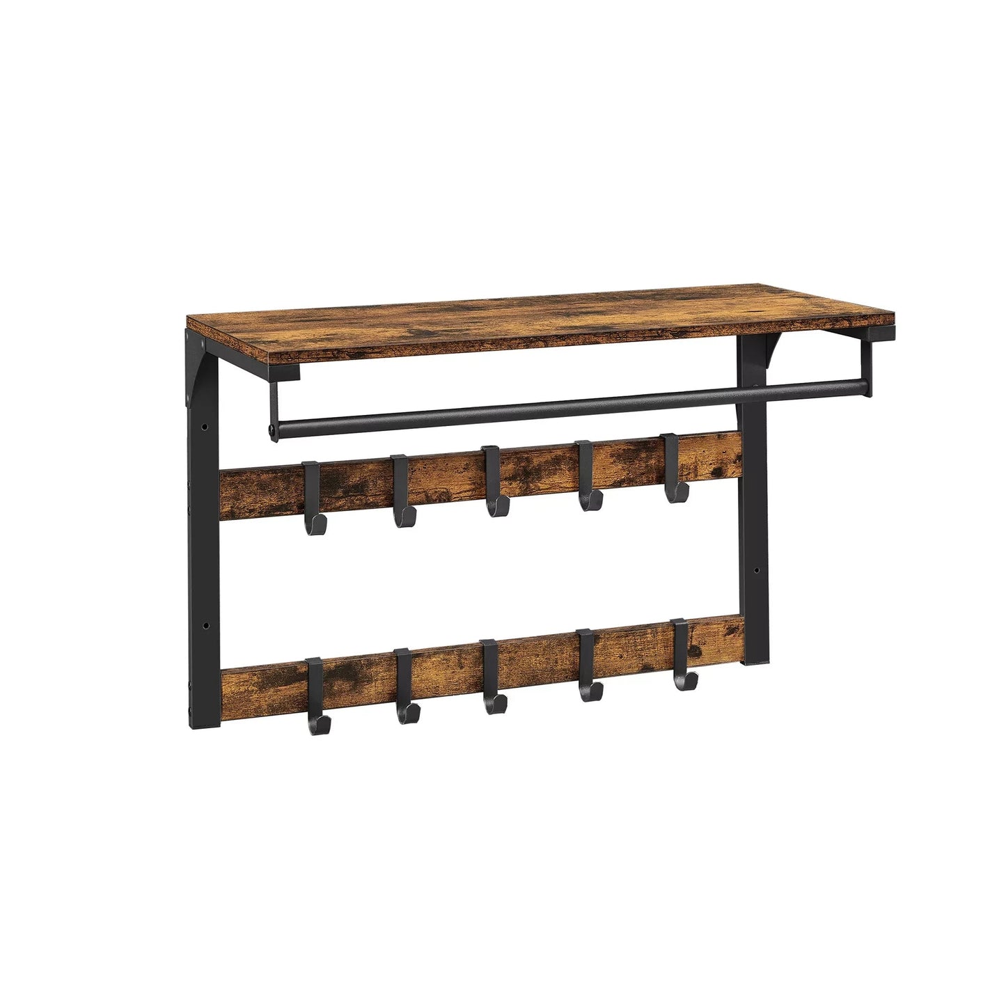 In And OutdoorMatch Wandkapstok Sincere - met Plank - Wandplank - met 10 Verwijderbare Haken - Hangplank - Wandmontage - 2 Kapstokken - Kledingstang - voor Hal - Slaapkamer - Badkamer - Vintage Bruin/Zwart Kapstok