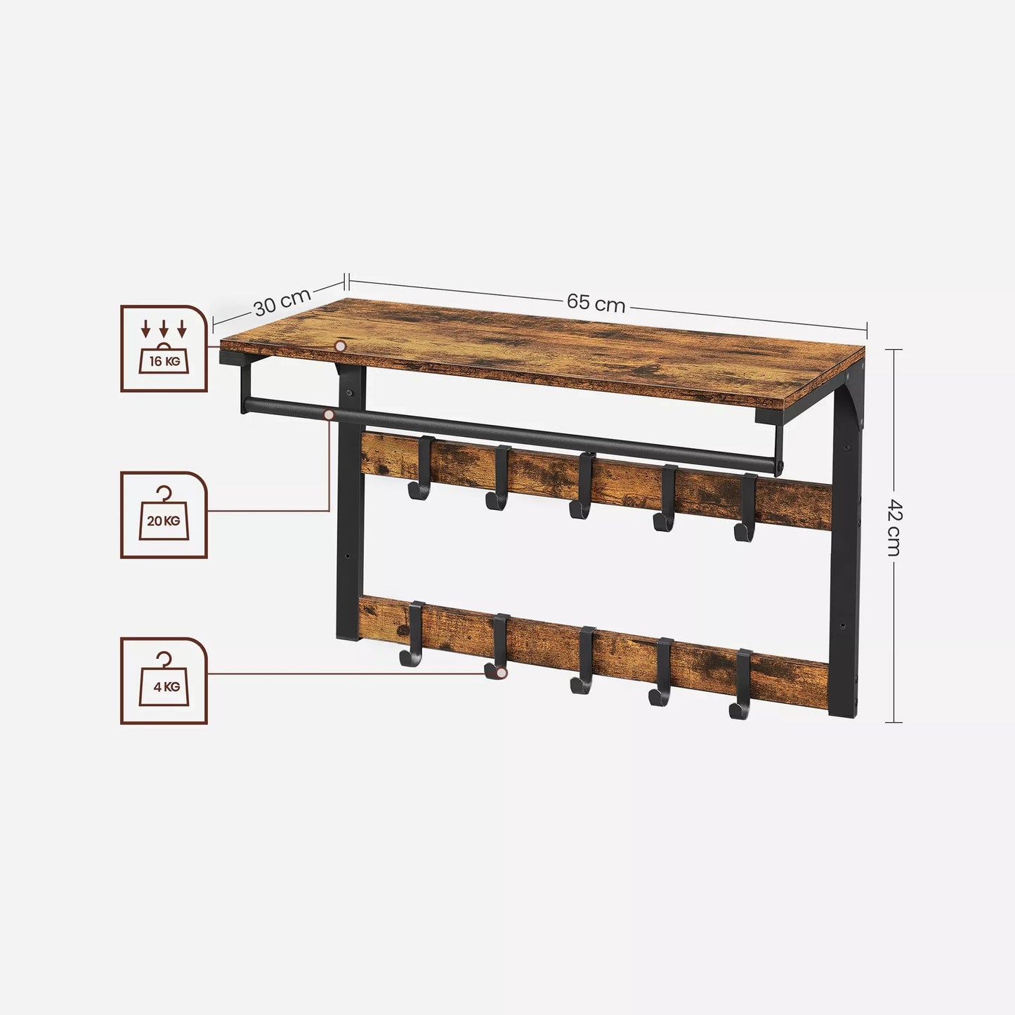 In And OutdoorMatch Wandkapstok Sincere - met Plank - Wandplank - met 10 Verwijderbare Haken - Hangplank - Wandmontage - 2 Kapstokken - Kledingstang - voor Hal - Slaapkamer - Badkamer - Vintage Bruin/Zwart Kapstok
