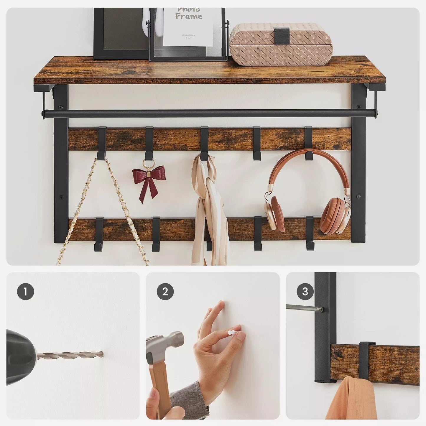 In And OutdoorMatch Wandkapstok Sincere - met Plank - Wandplank - met 10 Verwijderbare Haken - Hangplank - Wandmontage - 2 Kapstokken - Kledingstang - voor Hal - Slaapkamer - Badkamer - Vintage Bruin/Zwart Kapstok