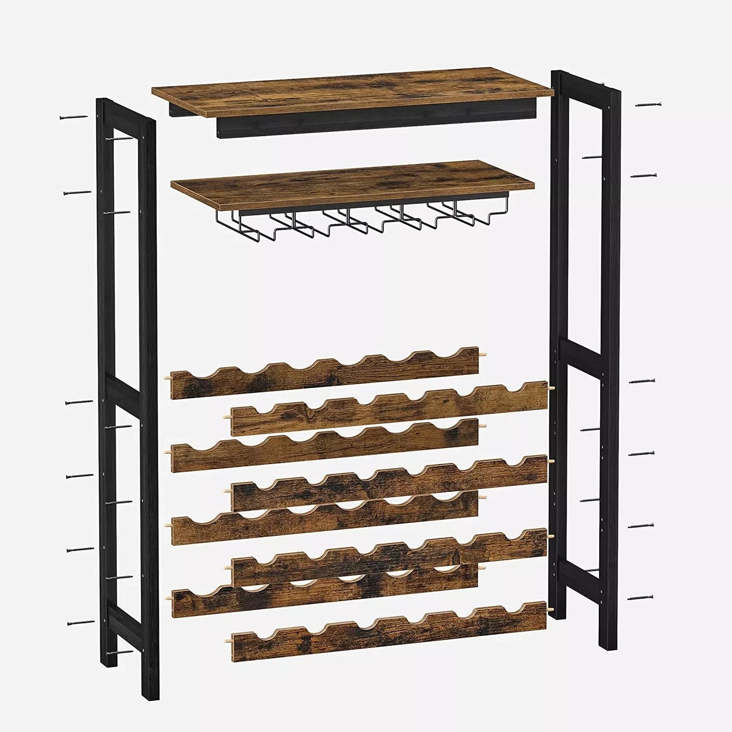 In And OutdoorMatch Wijnrek Clarissa - 24 Flessen Wijnrek - Wijnkast - Vrijstaand - Flessenrek met Glashouders - voor Keuken - Bar - Eetkamer - Vintage Bruin/Zwart storage rack