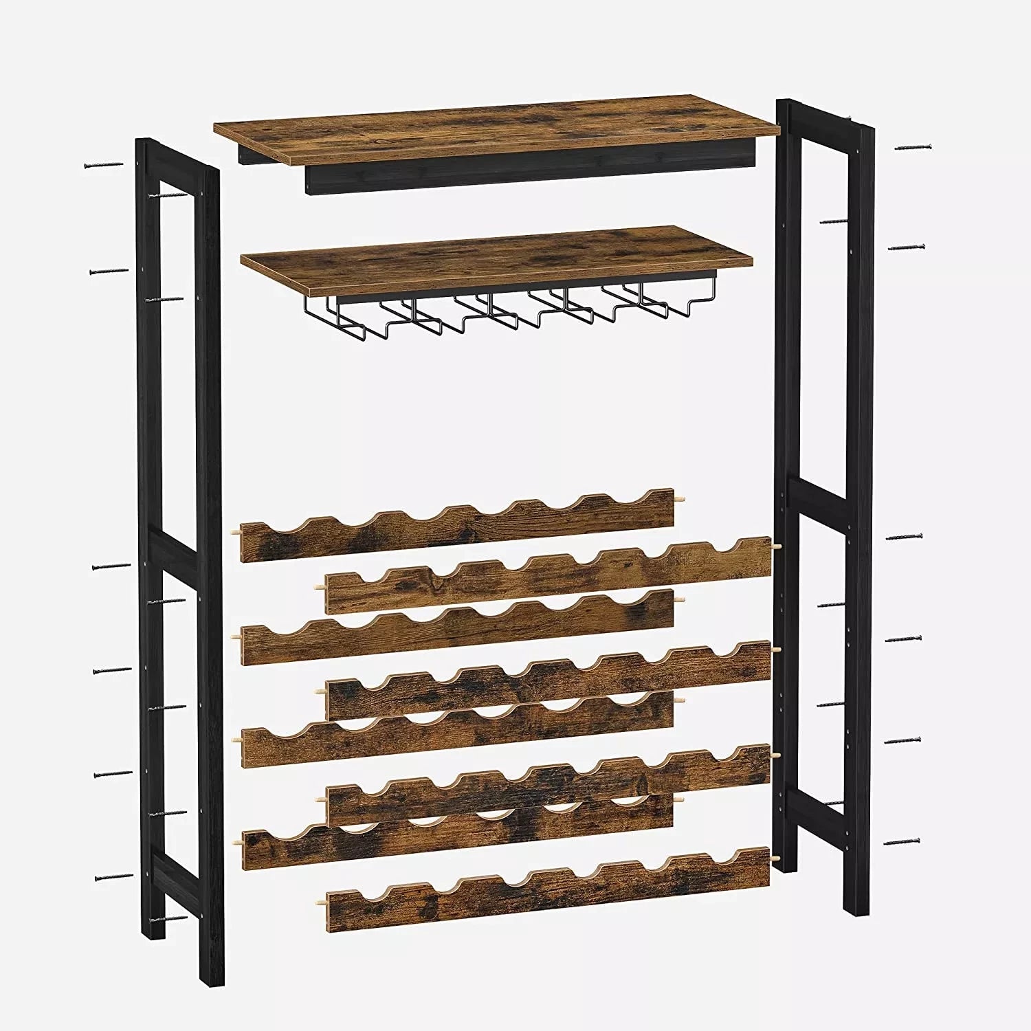 In And OutdoorMatch Wijnrek Clarissa - 24 Flessen Wijnrek - Wijnkast - Vrijstaand - Flessenrek met Glashouders - voor Keuken - Bar - Eetkamer - Vintage Bruin/Zwart storage rack