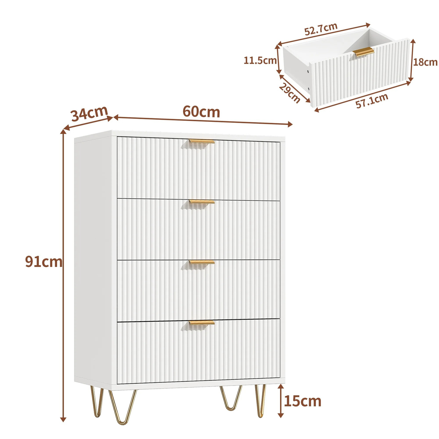 Houten Dressoirkast - 4 Laden - 60x34x91cm - Wit