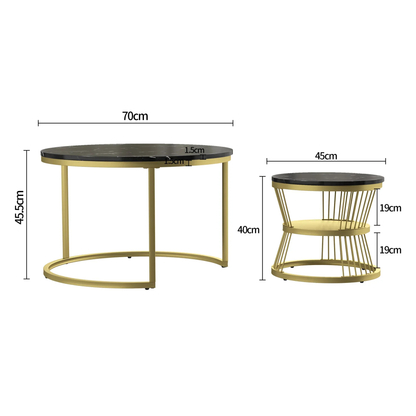 2-delige Bijzettafel Set - Marmerlook - Zwart/Goud