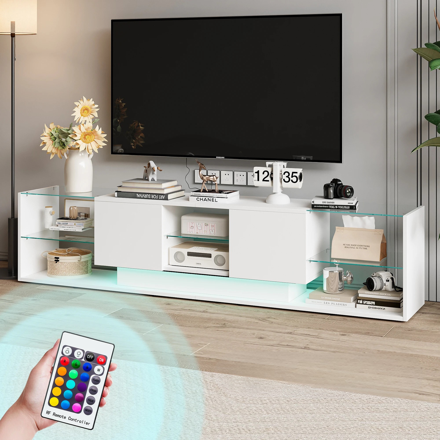 LED-verlichte TV-stand - Houten TV-kast - 200x35x45cm, Wit