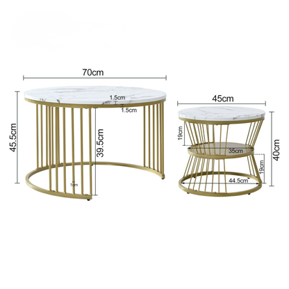 Salontafel set - Rond - Marmerlook - Wit/Goud