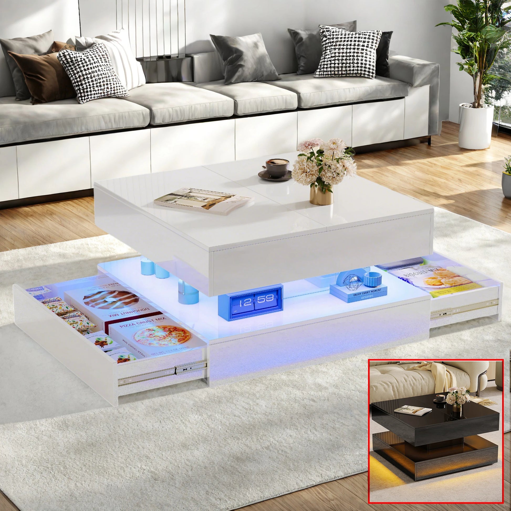 Hoge-Glans Koffertafel - Met RGB Lichtstrip - 1,5cm MDF - 60x60cm, Wit/Zwart