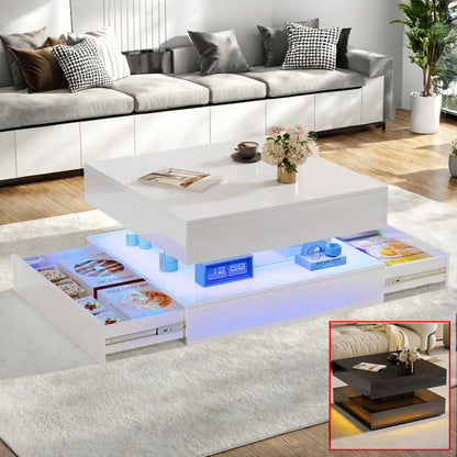 Hoge-gloss Koffertafel - Met RGB LED Licht - 1,5cm MDF - 53x53x30cm, Wit/Zwart
