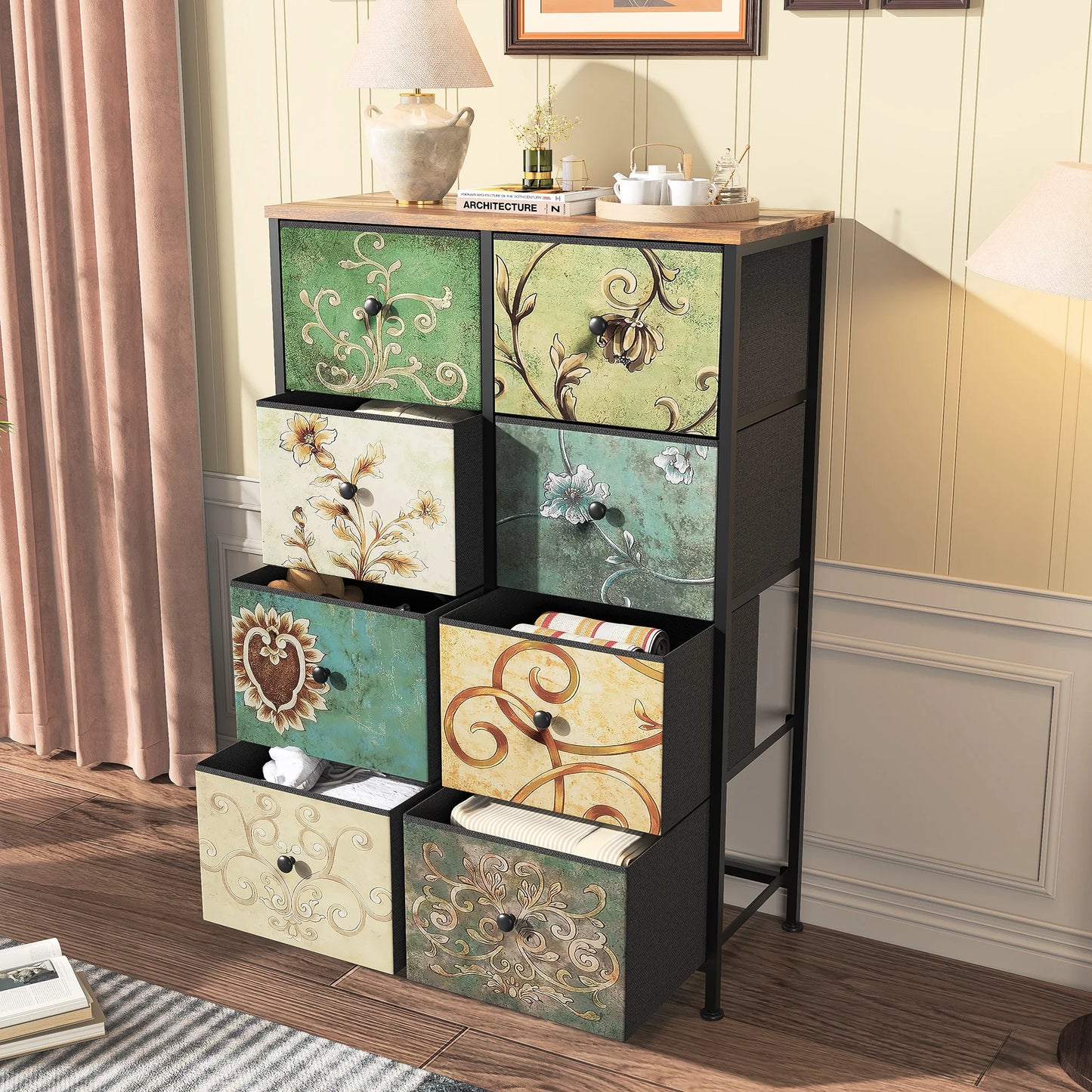 Ladekast - 8 Lades - Vintage Bloemenprint - Metalen Frame