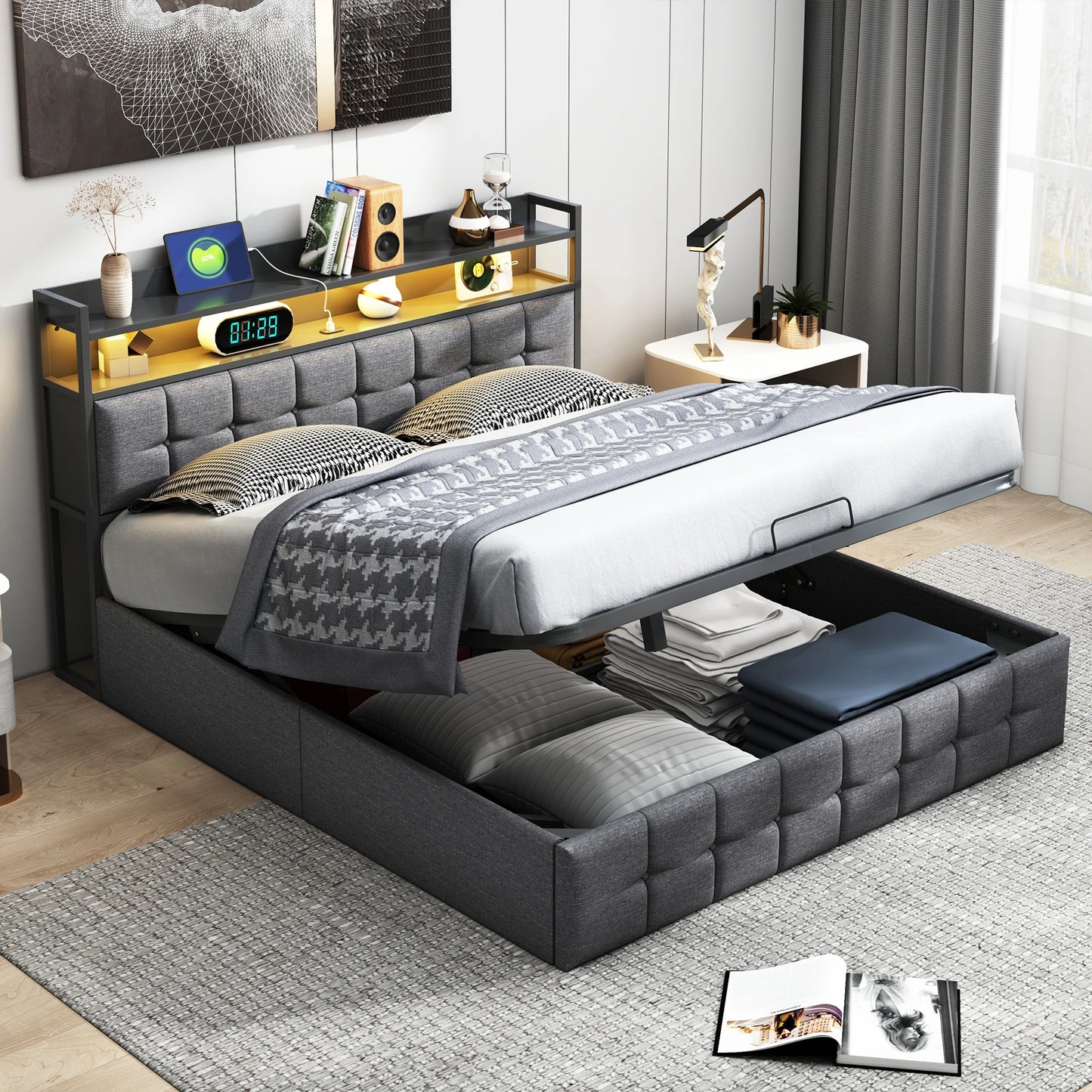 Bedframe - Opbergsysteem - 140x190cm - Met LED - Grijs