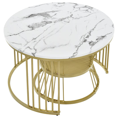 Salontafel set - Rond - Marmerlook - Wit/Goud
