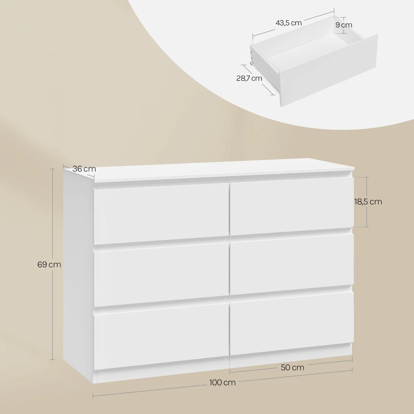 WOLTU Bedroom Chest of Drawers with 6 Drawers 100x69x36cm Storage Cabinet White Sideboard Dresser for Living Room Hallway