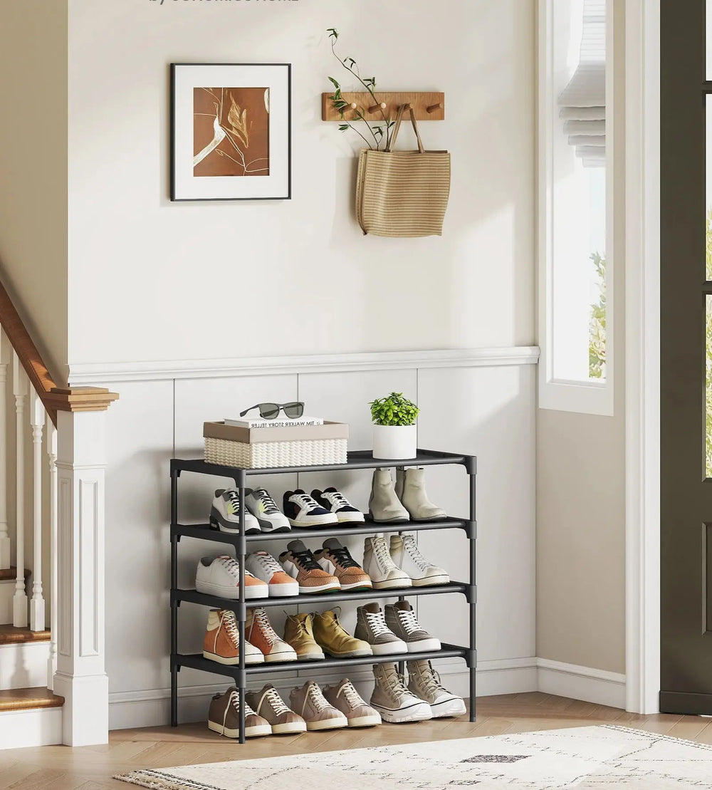 SONGMICS shoe rack 4 Layers Shoe storage Entrance Space Saving Metal Frame Nonwoven Fabric Rack Black
