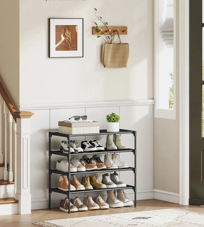 SONGMICS shoe rack 4 Layers Shoe storage Entrance Space Saving Metal Frame Nonwoven Fabric Rack Black