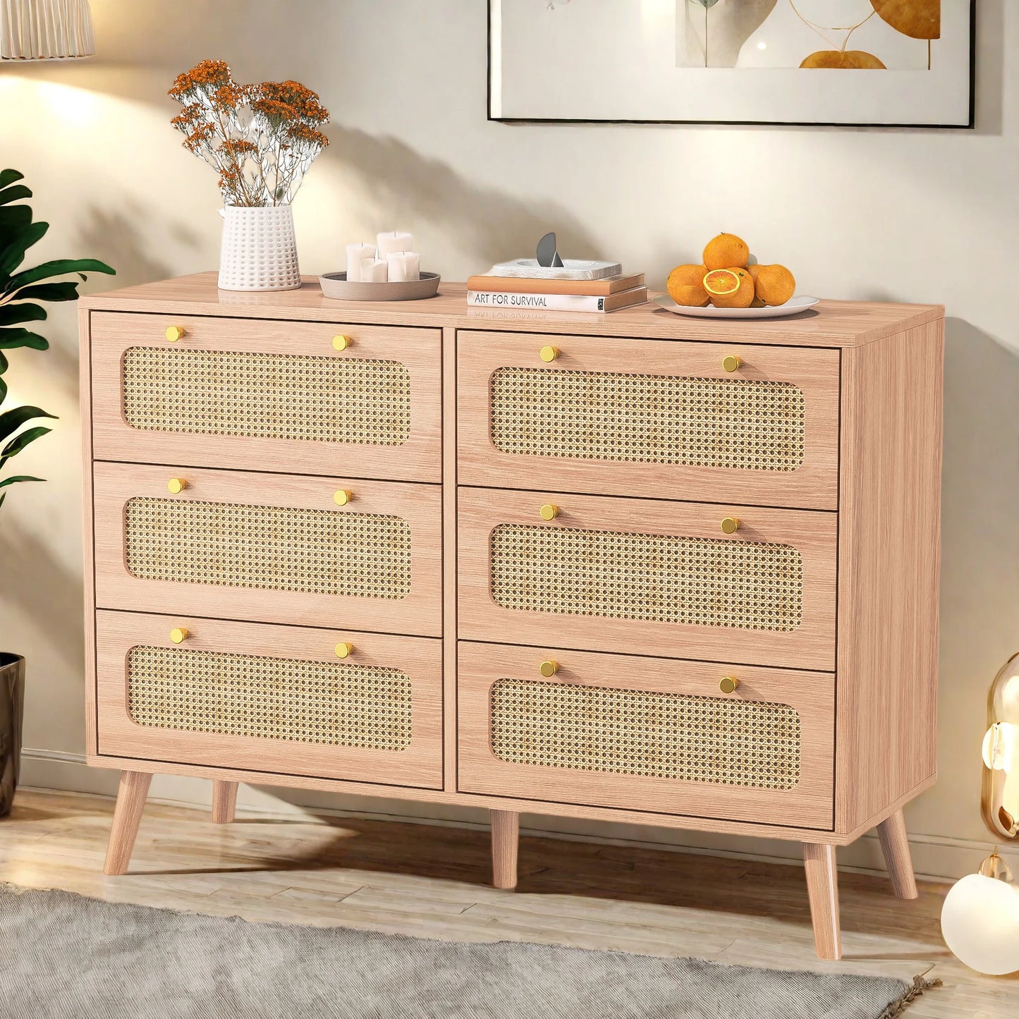 Houten Dressoir - 6 Laden - Natuurlijk Hout