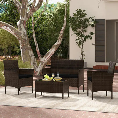 Rattan Tuinmeubelset - Gehard Glazen Tafel - Verstelbare Voetpads - Bruin