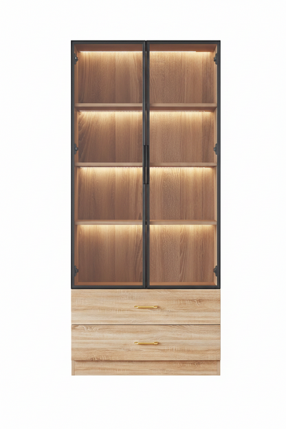 Glazen Kast met LED Stripverlichting - 2 Grote Lades & 2 Deuren