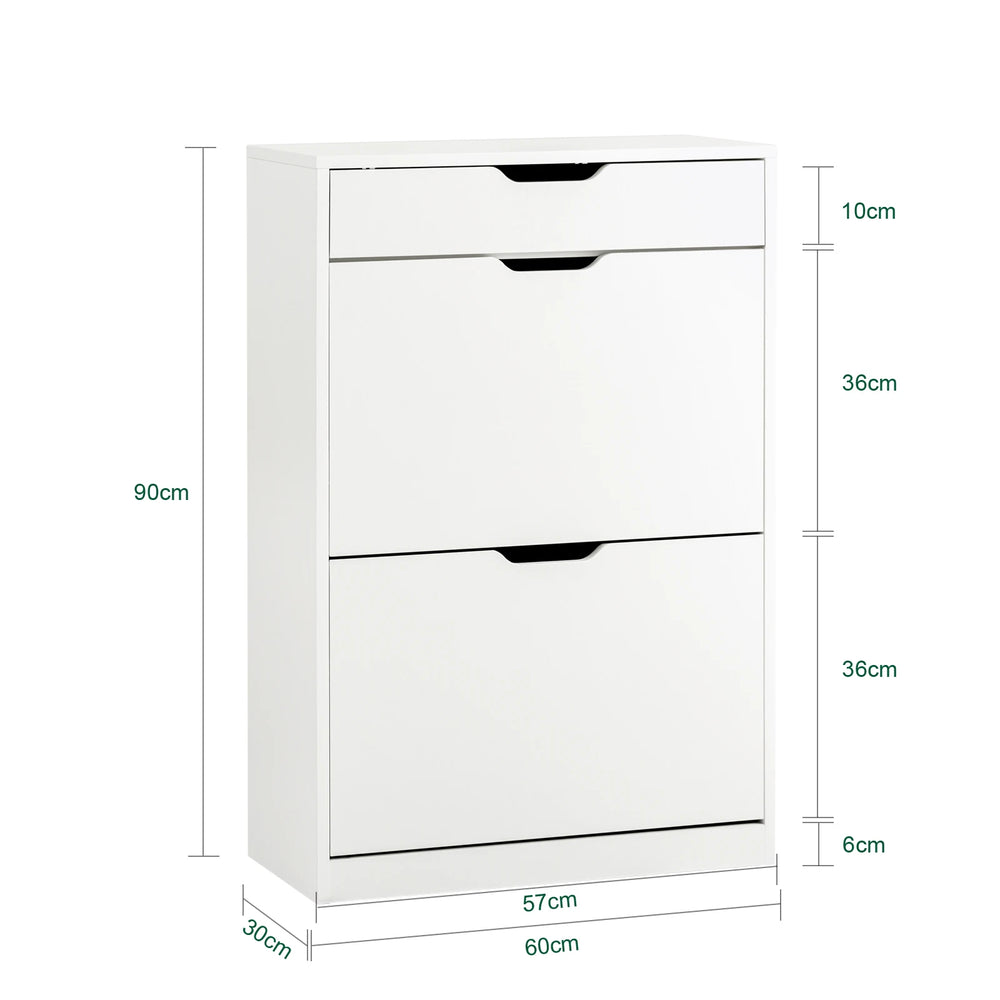 Schoenenkast met 4 Kleppen en Lade - Smalle Schoenenkast voor 12-16 Paar - Opbergkast Hal - Wit - 60 x 30 x 90 cm