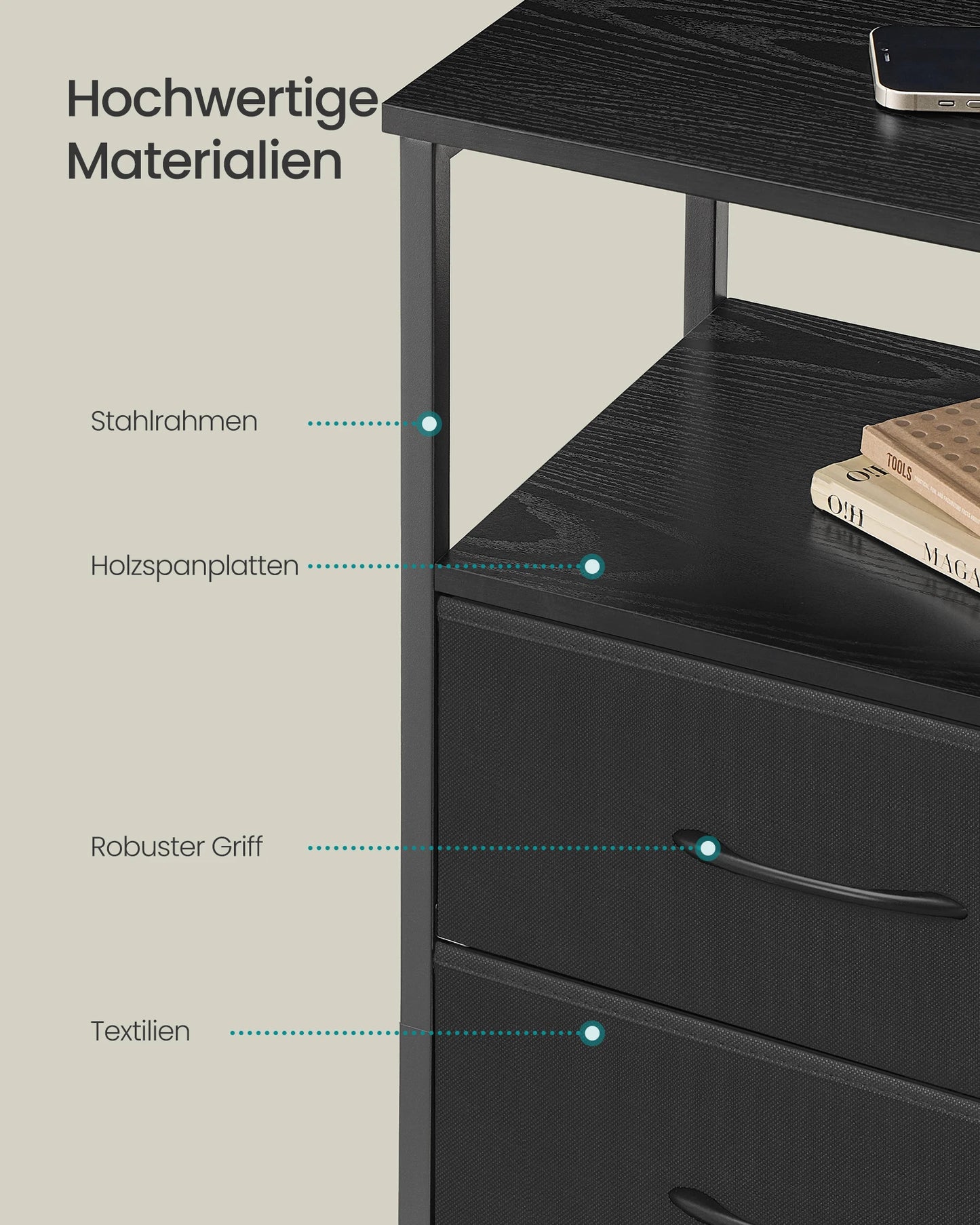 SONGMICS bedside table with LED lighting and charging station, 2 drawer bedside table with open compartment