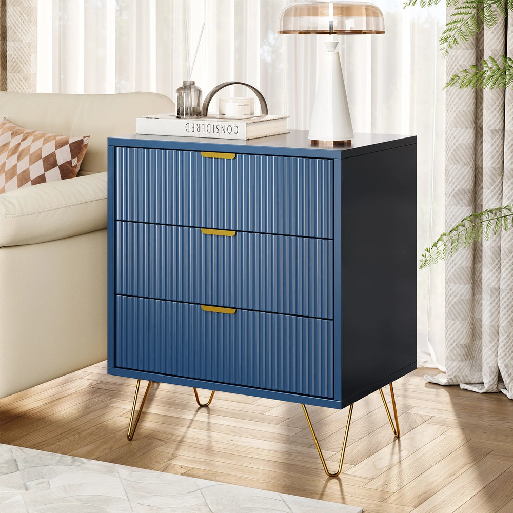 Nachtkastje met 3 Laden - Goudkleurige Poten - Moderne Opbergruimte - Blauw