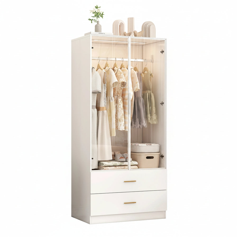 Kast met LED Licht en Hangstang - 2 Opbergruimtes - 80x50x175cm, Wit