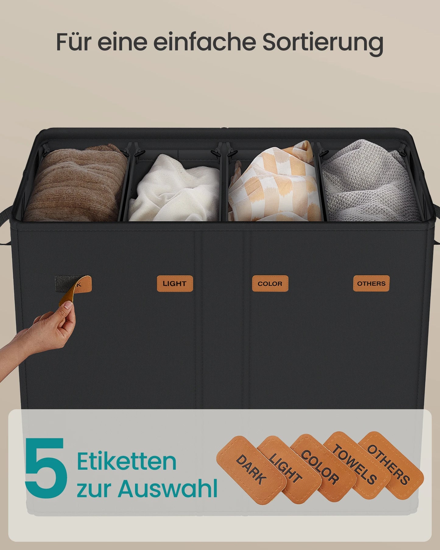 SONGMICS laundry basket with 4 compartments 210 L with lid 5 labels removable and washable inner bag laundry room