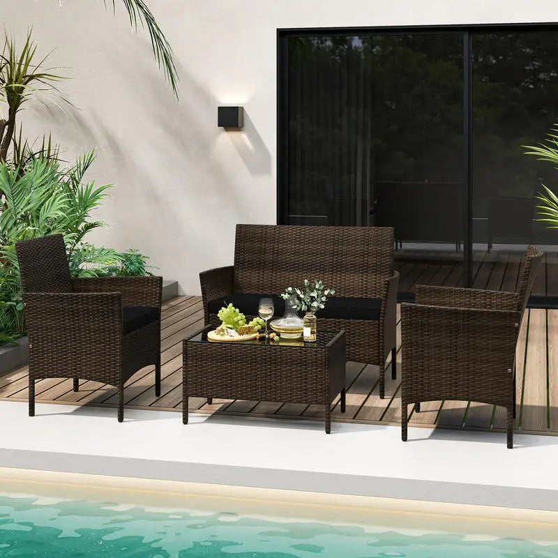Rattan Tuinmeubelset - Gehard Glazen Tafel - Verstelbare Voetpads - Bruin