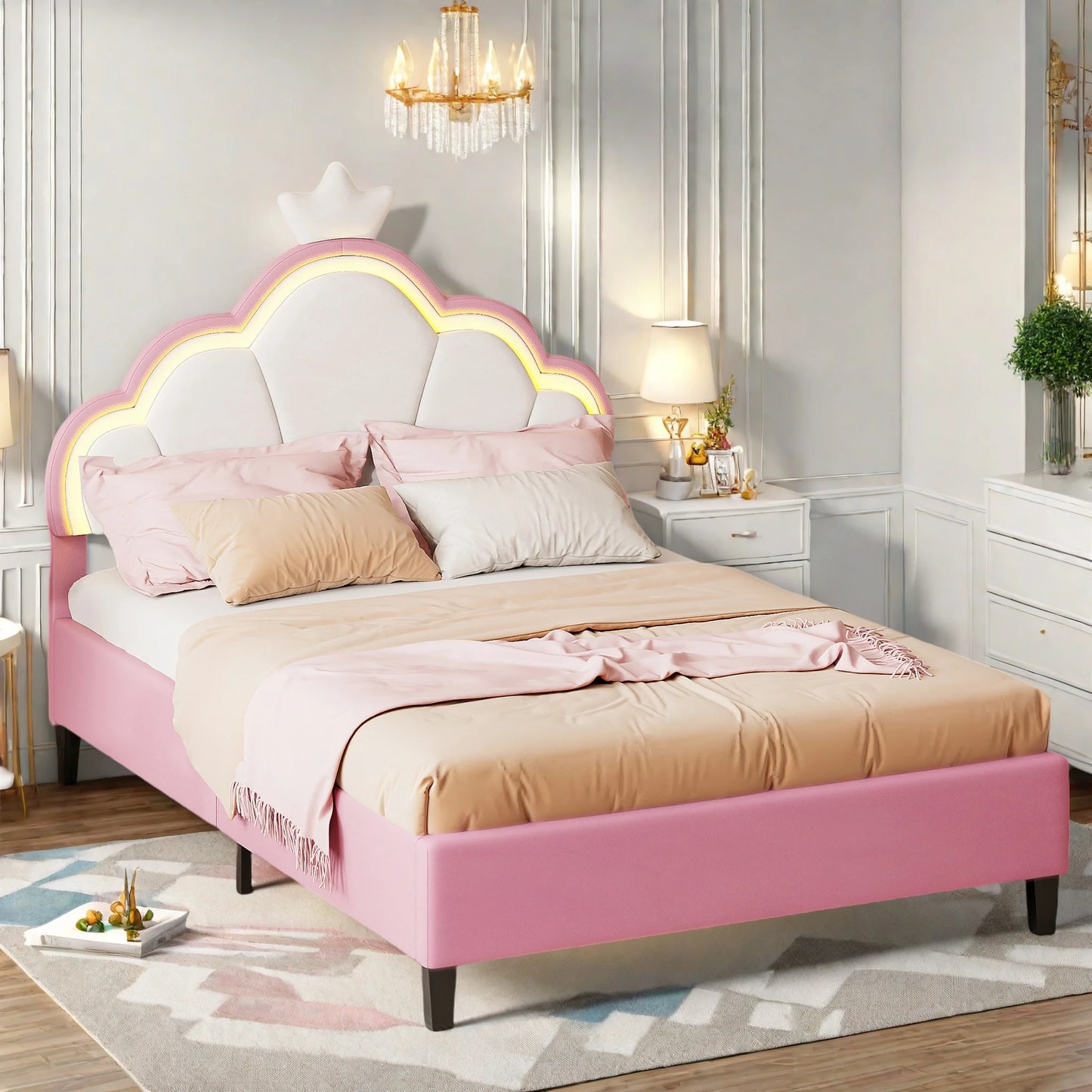 Led-verlichte Kussensbed - 203,5x90,5x132,5 cm, 203,5x140,5x132,5 cm - Flanelstof