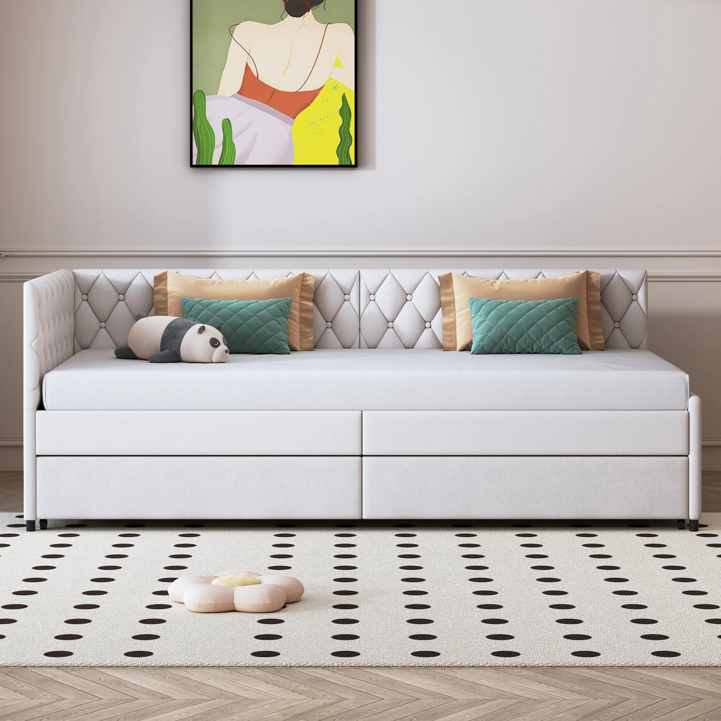 Velours Slaapbank - 90 × 200 cm, Inclusief 12 cm Matras - Grijs/Wit