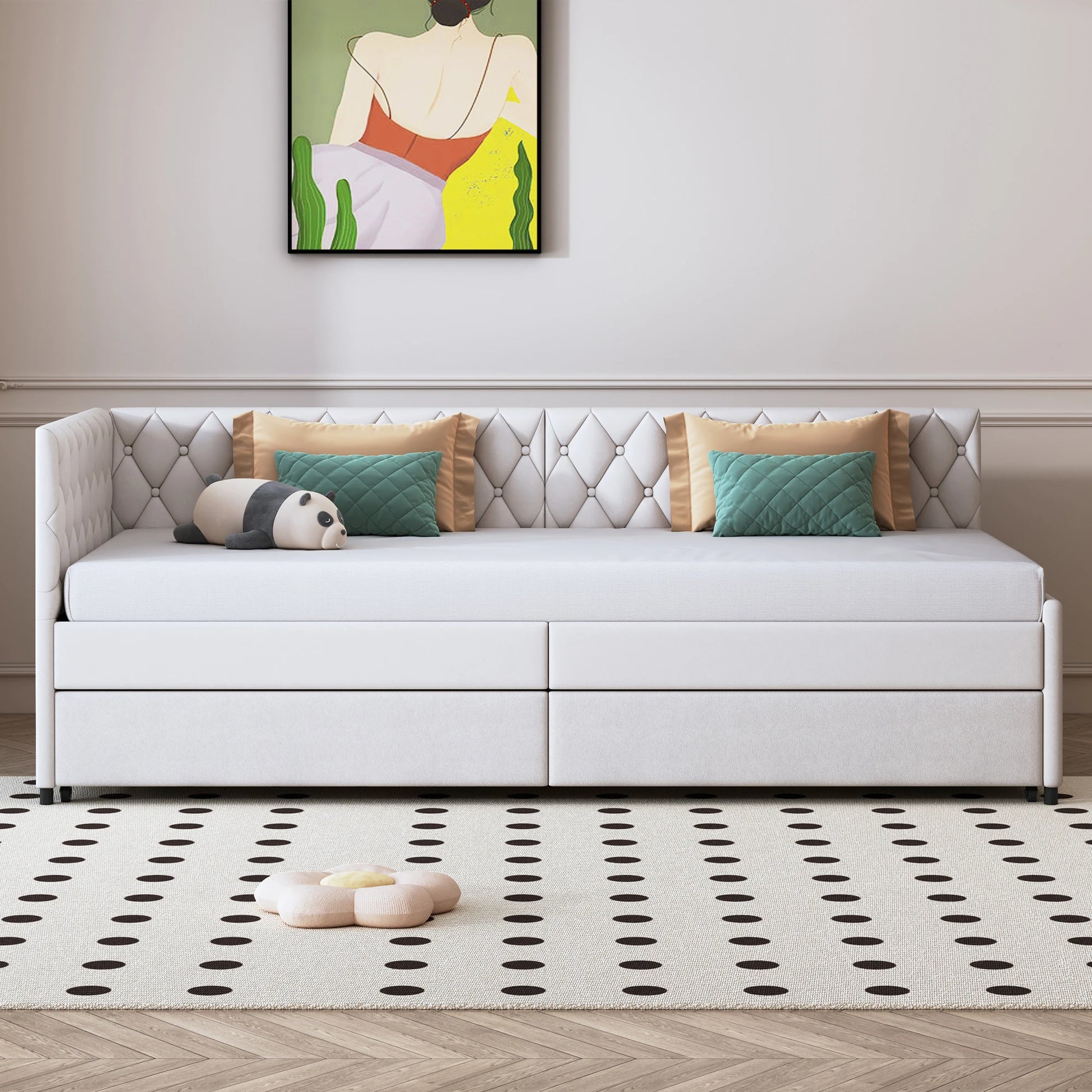 Velours Slaapbank - Uitschuifbaar, Inclusief 12 cm Matras - Grijs/Wit, 200 × 96 cm